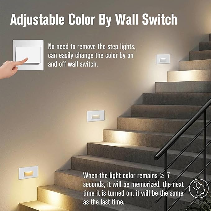 12-Pack Step Lights - Outdoor/Indoor Stair Lights, 12V LED, 3000K/4000K/5000K Color Changing, IP66 Waterproof, Horizontal for Steps