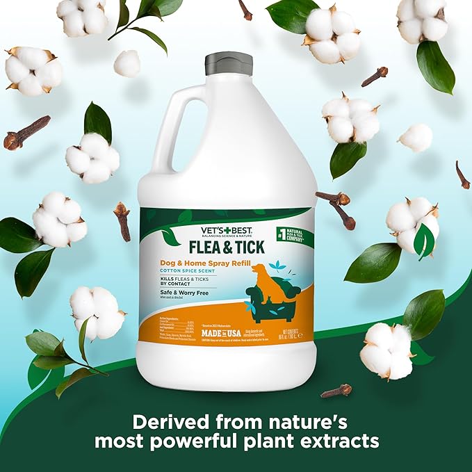 Vet's Best Natural Flea & Tick Home Spray for Dogs – Cotton Spice Scented Indoor Pest Control Spray – Natural Flea & Tick Protection with Certified Plant-Based Ingredients – Made in USA – 96 oz Refill