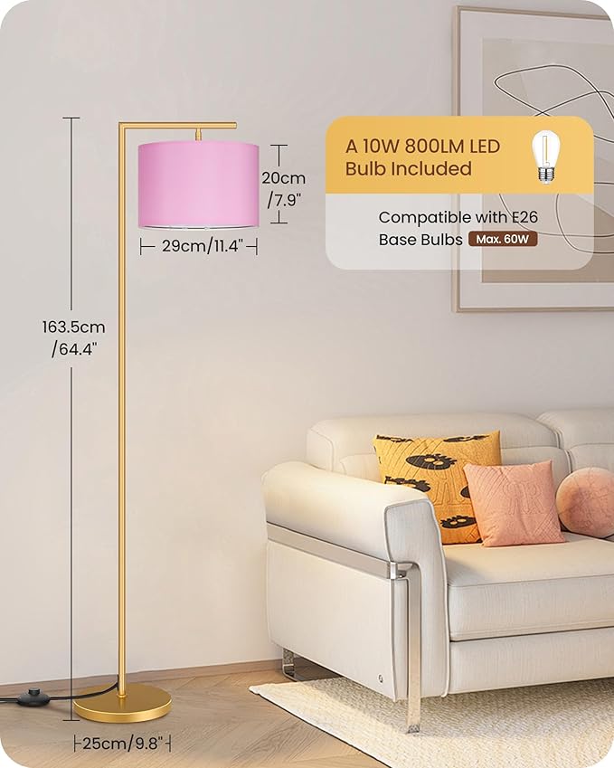 Modern Gold Arc Floor Lamp, Corner Tall Lamp with Remote, Arched Reading Light with Fabric Shade, Floor Lighting for Living Room, Bedroom, Office, Study, Pink, LED Bulb Included, DP11LD05