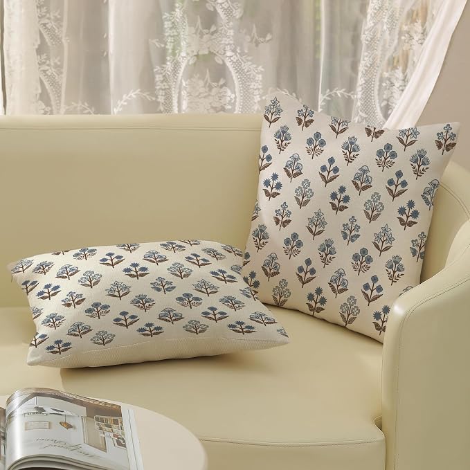 Brown Blue Pillow Covers 24x24 Inch Set of 2 Boho Block Print Floral Throw Pillows Vintage Flower Decorative Pillow Cases Outdoor Linen Farmhouse Cushion Cover for Couch Sofa Bed Decor
