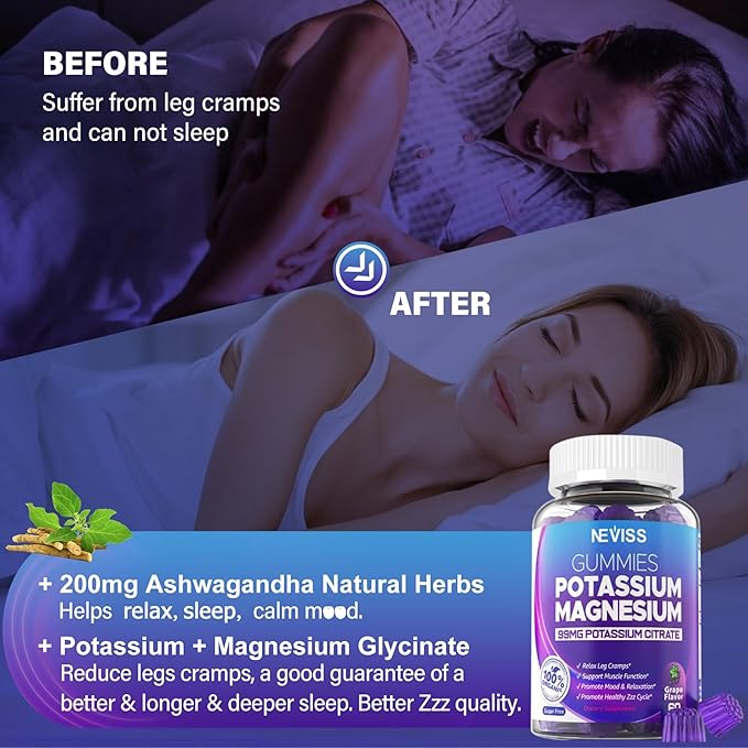 Potassium Magnesium Gummies - Potassium Supplement w/Ashwagandha 200mg, High Absorption Magnesium Glycinate,B6,B12,P-otassium Citrate for Leg Cramps,Muscle,Electroyte for Adults Kids,Sugar-Free,1Pack