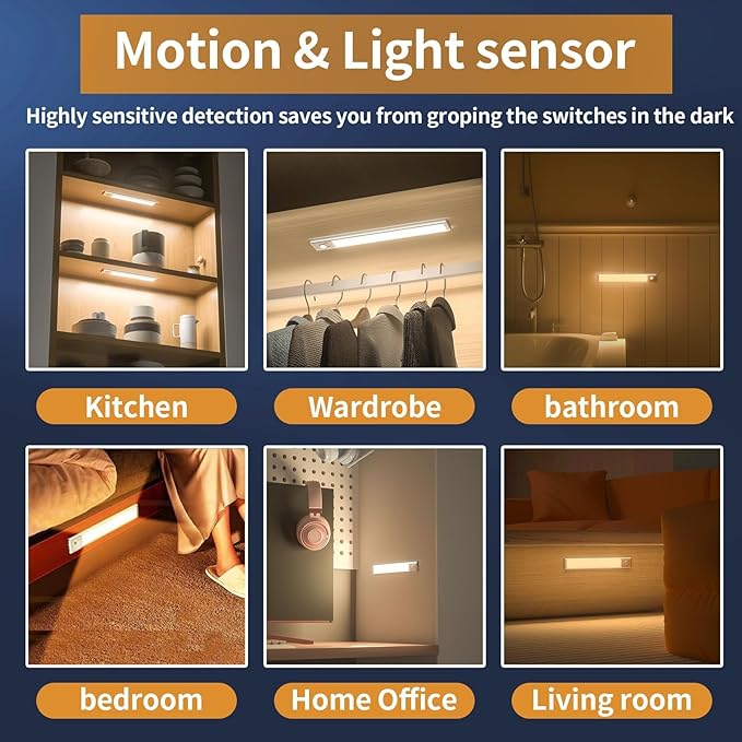 Motion Sensor Under Cabinet Lighting-Magnetic Rechargeable Closet Lights for Kitchen,Stairs,Wardrobe | 3-Color Dimmable LED Under Counter Lighting | Cord-Free Light Bars (9.5inch-4Pack)