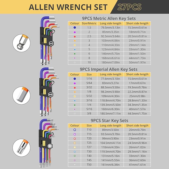 AMTOVL 27PCS Allen Key Set, Metric & SAE Allen Wrench Set, Extra Long Ball & Star End Hex Keys with T-Handle & Color Coding for Bicycle, Household DIY