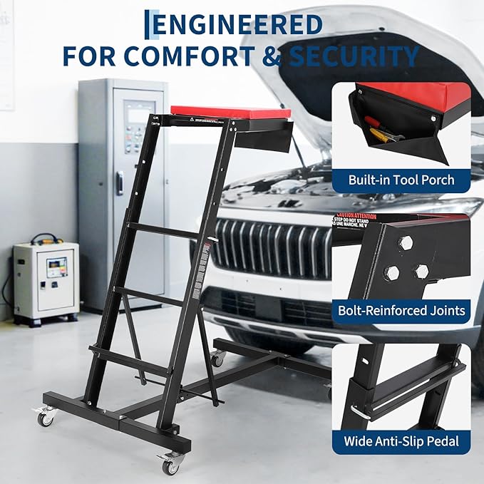Professional Topside Automotive Engine Creeper, Heavy Duty 400LB Capacity Top Automotive Creeper with Adjustable Heights 45-65 Inch, 4 Locking Swivel Casters, Padded Deck & Tool Pouch for Garage