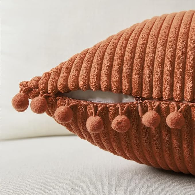 Fancy Homi 2 Pack Rust Lumbar Decorative Throw Pillow Covers 12x24 Inch with Pom-poms for Living Room Couch Bedroom, Soft Corduroy Solid Rectangle Cushion Case 30x60 cm, Rustic Farmhouse Home Decor