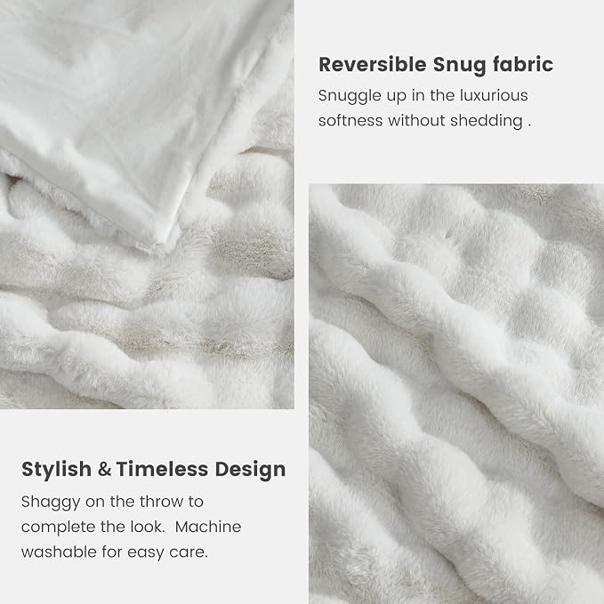 Cozy Bliss Faux Fur Throw Blanket for Couch, Fuzzy Soft Plush Thick Bubble Blanket for Sofa Bedroom Living Room, 90 * 90 Inches Cream White