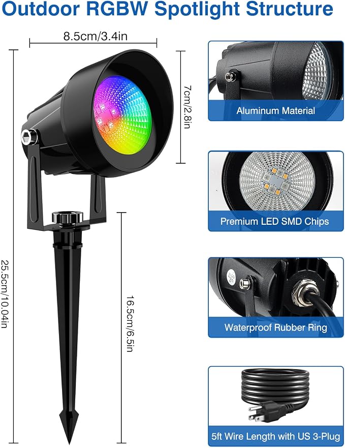 Spot Lights Outdoor, Smart RGBW LED Color Changing Landscape Lights with APP and Remote Control, Music Mode, DIY Scenes, Timing, IP65 Waterproof Spotlights Plug in for Yard Garden, 2 Pack