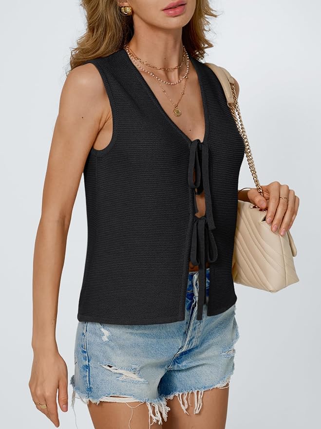 LILLUSORY Womens Tie Front Tops Vacation Sweater Vest | Bohemian Style, Beach Resort Wear, Concert Western Outfits, Crochet Tops, Vacation Outfits, Cute Y2k Sleeveless 2026