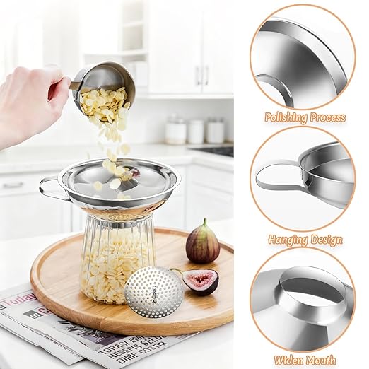 Canning Funnel with Strainer, Wide Mouth Funnels for Filling Wide and Regular Mason Jars Three-Piece Set, Food Grade Stainless Steel Canning Supplies for Kitchen Use (Silvery)