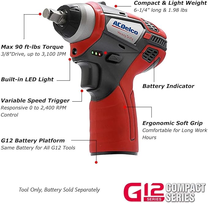 ACDelco ARI12104T G12 Series 12V Cordless Li-ion 3/8” 90 ft-lbs. Impact Wrench - Bare Tool Only