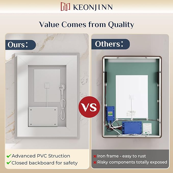 Keonjinn 44" x 36" Bathroom Mirror with Lights, Frontlit & Backlit LED Bathroom Mirror, Safe Tempered Glass, Anti-Fog, 3000K/4500K/6500K, Dimmable, UL-Listed, Frameless LED Wall Mirror