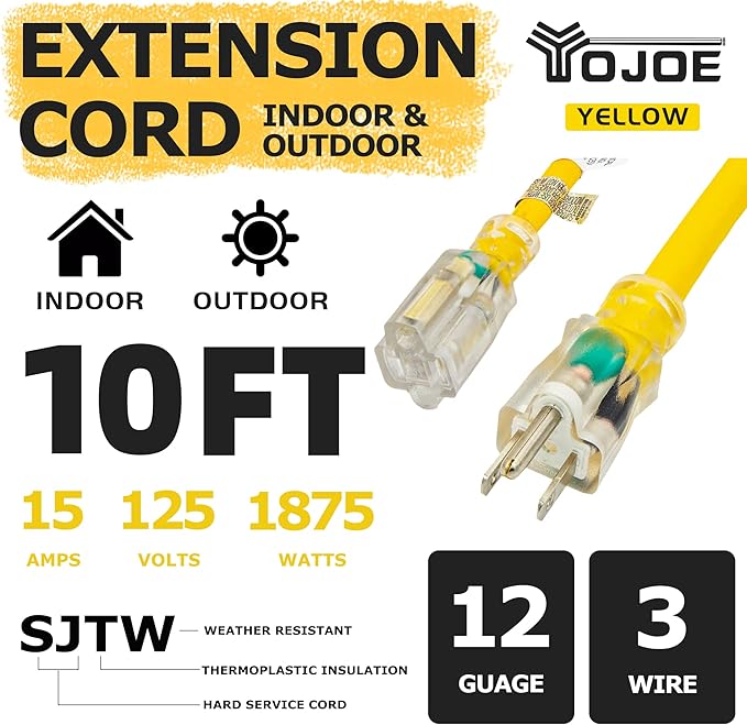 YOJOE Indoor Outdoor Extension Cord with Lighted End, 3 Prong 15A Weatherproof Power Cord, 12 Gauge Heavy Duty 10 ft Yellow Extension Cord for Garage, Garden and Home, 12/3 SJTW UL Listed