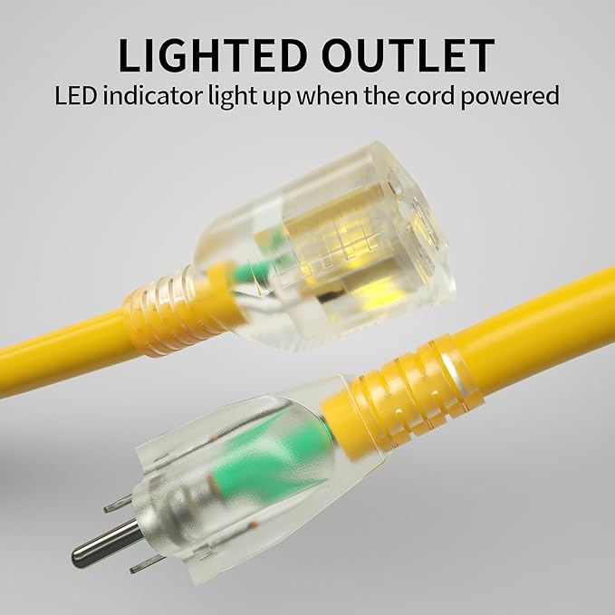 POWGRN 100 Ft 10AWG Outdoor Extension Cord Waterproof Heavy Duty, 3 Prong Flexible Cold-Resistant Long Power Cord Outside with Lighted Indicator End, 15Amp 1875W SJTW, Yellow ETL