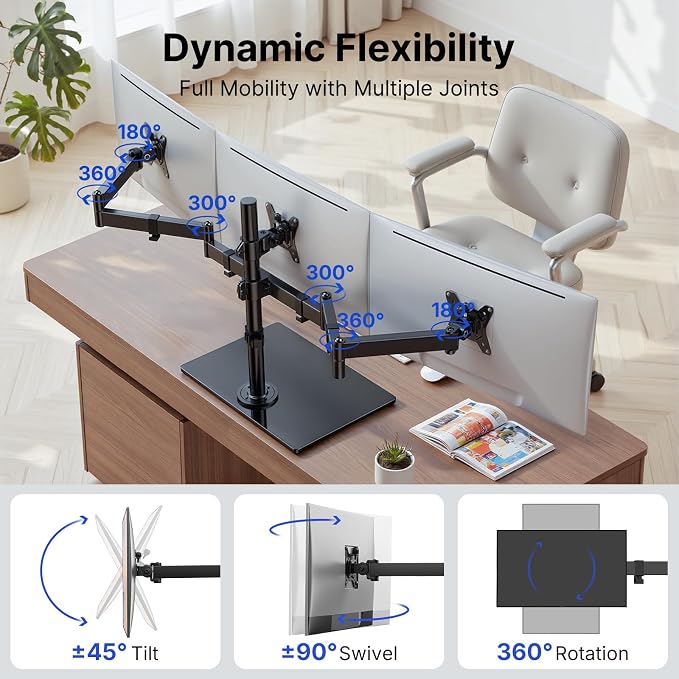 HUANUO Free Standing Triple Monitor Mount for 13-27 Inch Screens | Larger Tempered-Glass Base, Heavy Duty Thicker Steel, Tilt, Swivel, Rotation, Holds up to 22 lbs, VESA 75x75/ 100x100mm