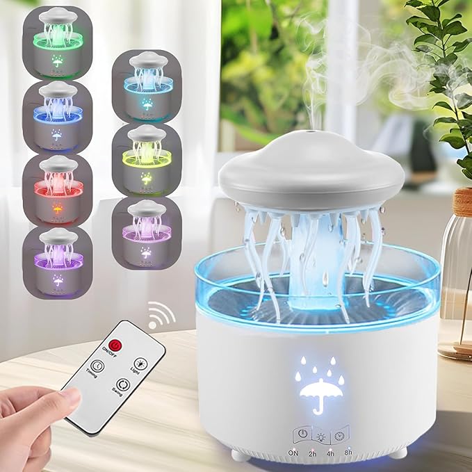 Humidifier with Light, 7-Color Rotating Jellyfish Humidifier with Remote & Timer, 300ML Water Drip Diffuser with Essential Oil Diffuser, Funny Rain Moistener Night Light for Room (White-Jellyfish)