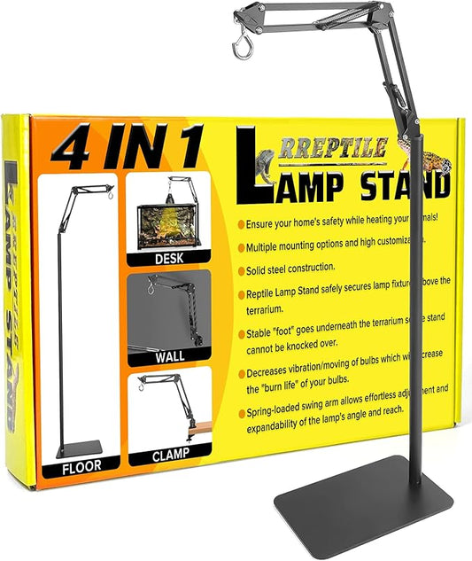 4 IN 1 Metal Reptile Lamp Stand with Swing Arm for Terrarium - Floor Light Stand for Reptile Tank - Adjustable Height & Width & Angle Heat Lamp Holder - Heating Light Bracket & Hanger (Max Height 72")