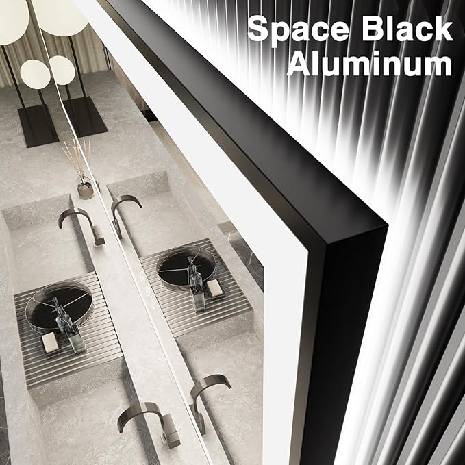55x30 LED Bathroom Mirrors for Wall -Black Aluminum Framed (Front and Backlit), Anti-Fog Vanity Mirror With Lights,Stepless Dimmable Lighted Mirror,3 Colors Smart Mirror(Horizontal/Vertical)