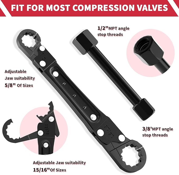 Plumbing Tools Angle Stop Wrench Kit - 3-Piece Plumber Tool Set with Compression Sleeve Puller & 4-Way Sillcock Key - Fits 3/8" & 1/2" MPT Ferrule Removal Tool for Tight Spaces Under Sink-Black