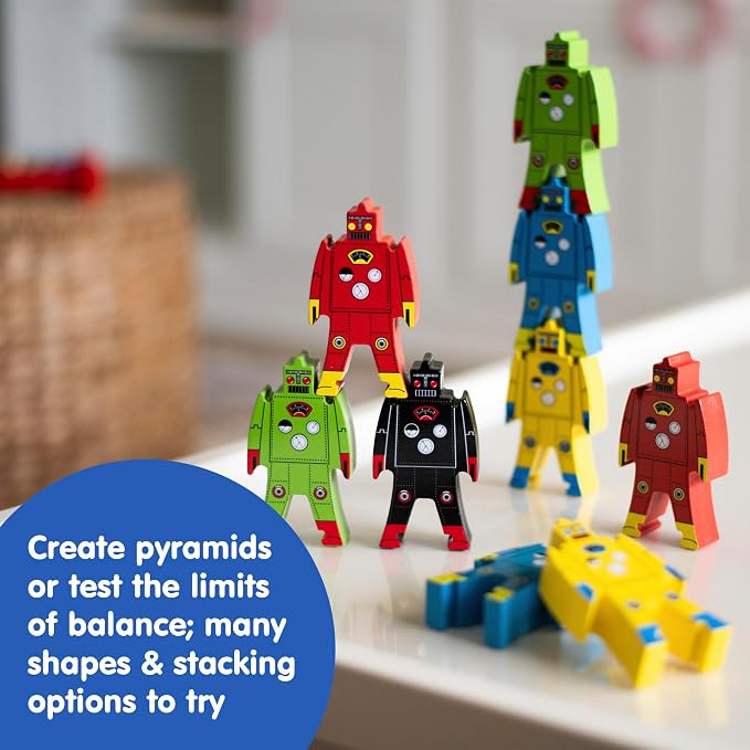 Schylling Stacking Robots - Colorful Wooden Stacking Toy for Kids - 9 pcs. Fun Puzzle for Balancing and Imaginative Play - Ages 3 and Up