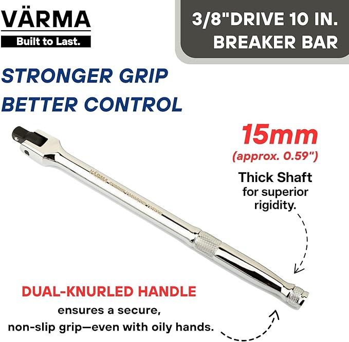 3/8-Inch Drive Breaker Bar, 10-Inch – Heavy Duty CR-MO Head & 15mm Thick Shaft – Dual-Knurled Non-Slip Grip, Constant Tension Flex Head, Premium Mirror Chrome Finish