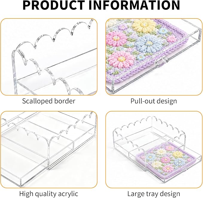 Scalloped Clear Acrylic 2-Drawer Organizer, 9" x 9" Clear Acrylic Tray for Needlepoint,Jewelry,Insert Photos, Art, Fabric, Napkin and Messages Display Basket, Decorative Tray Gift for Home Decor