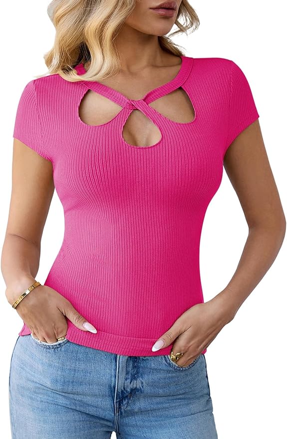 Pink Queen Sexy Tops for Women Cutout Keyhole Neck Cap Sleeve Shirts Casual Summer Clothes 2026 Fashion