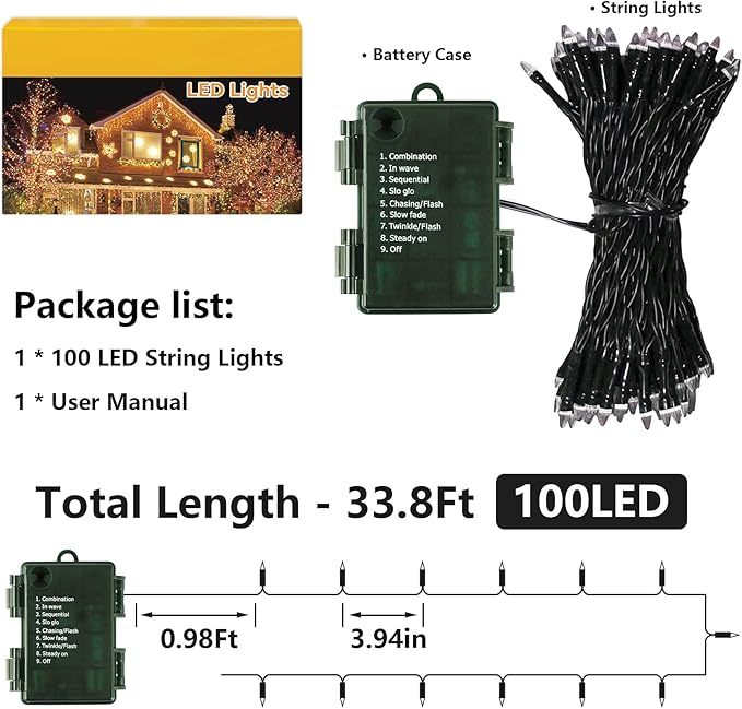 ITICdecor Christmas String Lights 33ft 100 LED, Waterproof Fairy Starry String Lights Battery Operated, 8 Modes Decorative Lights for Indoor Outdoor Xmas Tree Party Garden