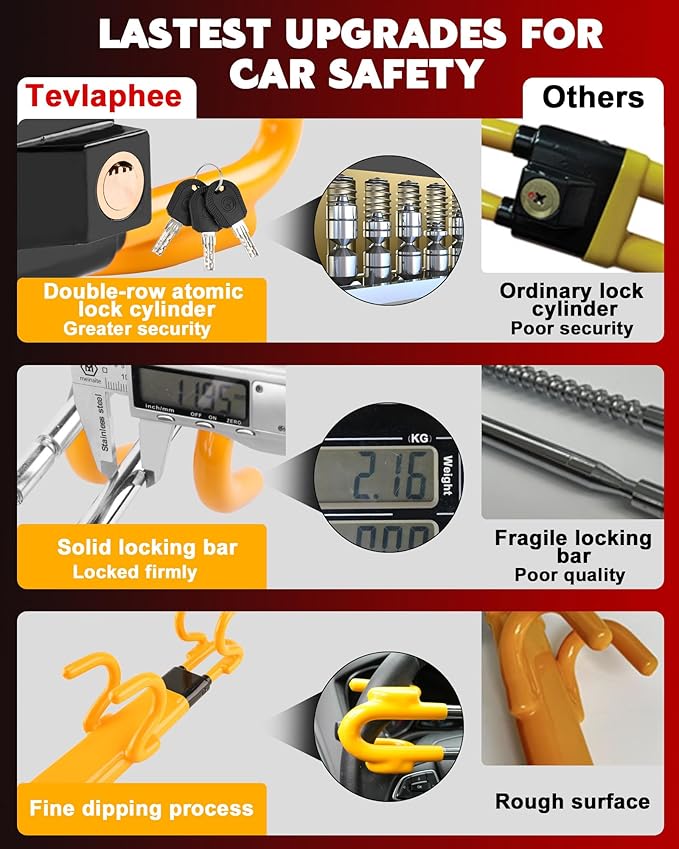 Tevlaphee Steering Wheel Lock - Heavy Duty Antitheft Device and Car Security Lock with Adjustable Locking and 3 Keys - Great Vehicle and Truck Deterrent (Yellow)