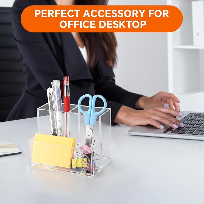 Pen Holder for Desk, Clear Acrylic Pencil Holder for Desk, Marker Holder with 3 Compartments, Pencil Organizer for Home, Office, Classroom, Bathroom | Plastic Marker Holder with 3 Compartments, Pencil Organizer for Office, Makeup Brush Holder for Bathr...