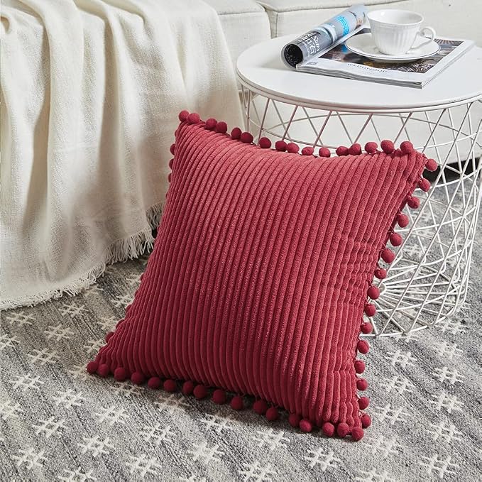 Fancy Homi 2 Packs Christmas Burgundy Decorative Throw Pillow Covers 18x18 Inch with Pom poms, Christmas Home Decor, Soft Corduroy Square Cushion Case for Living Room Couch Bed 45x45 cm