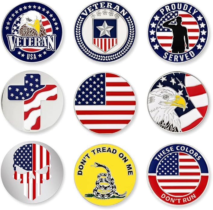 PinMart’s Mix Bundle Pack of 9 Golf Ball Markers - Golf Accessories for Men and Women – United States Eagle and American Flag Magnetic Ball Markers Set of 9