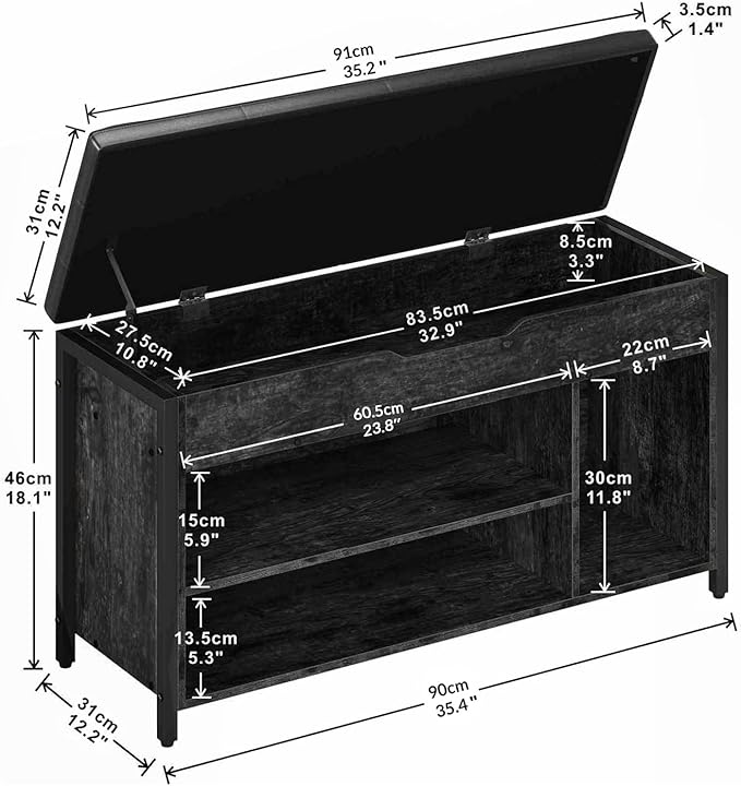 Shoe Bench, Lift Top Shoe Storage Bench, Adjustable Shelf Entryway Bench, Metal and Wood Shoe Rack Organizer with Cushion for Entry, Bedroom, Closet, Living Room, Hallway (Black, 35.5" W)