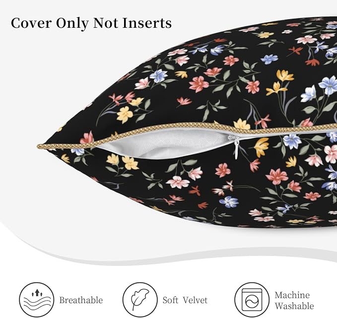 Black Floral Velvet Pillow Covers 18x18 Inch Vintage Colorful Wildflower Throw Pillows For Couch Farmhouse Cushion Covers Pillowcase Spring Summer Plant Pillow Cases For Sofa Bed Outdoor Decor