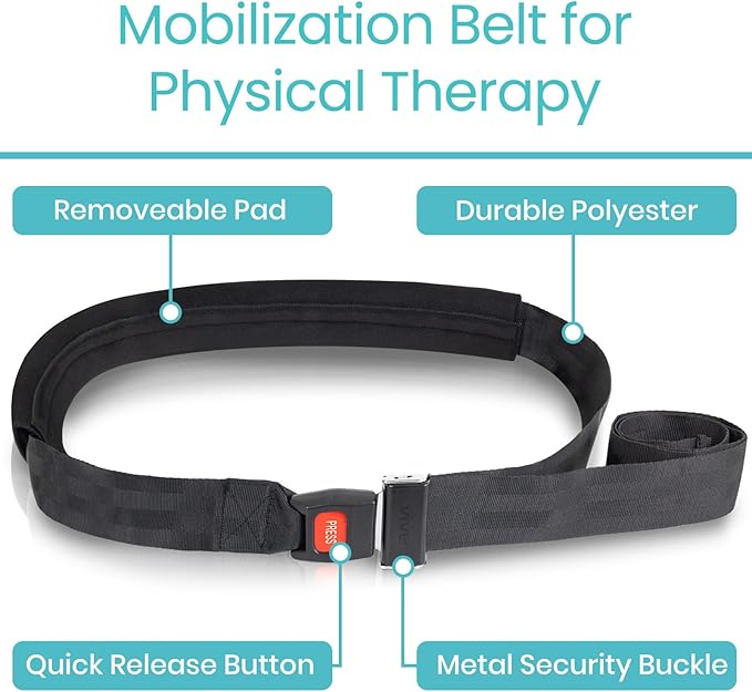 Vive Mobilization Belt for Physical Therapy with Buckle - Manual Traction Stretching Band - PT Traction Strap Belt for Stretching, Mobility, Massages & Exercise (Black)