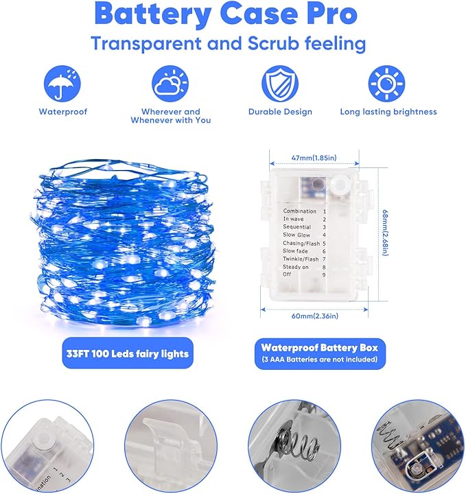 4 Pack 32.8 Ft. Battery Operated Outdoor String Lights with Remote & Timer, LED Blue Fairy Lights, Waterproof Twinkle Lights for Bedroom, Dorm, Mason Jar, Wedding, Party, Christmas