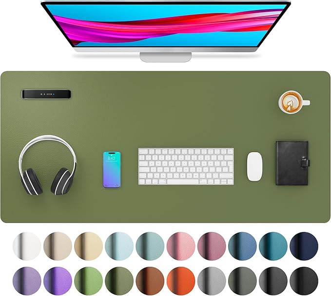 Aothia Leather Desk Pad Protector, Mouse Pad, Office Desk Mat, Non-Slip PU Leather Desk Blotter, Laptop Desk Pad, Waterproof Desk Writing Pad for Office and Home (36" x 17", Olive Green)