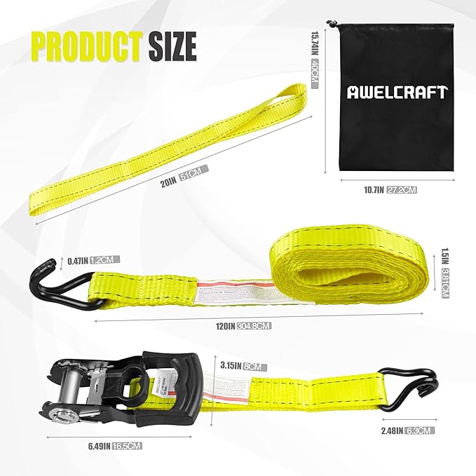 AWELCRAFT Ratchet Straps(4 Pack),3300lb Breaking Strength,1.5in×10ft Heavy Duty Tie Down Ratcheting with Padded Handles,Double J Hooks & 4 Soft Loops for Trailer,Trucks,Motorcycle(Yellow)