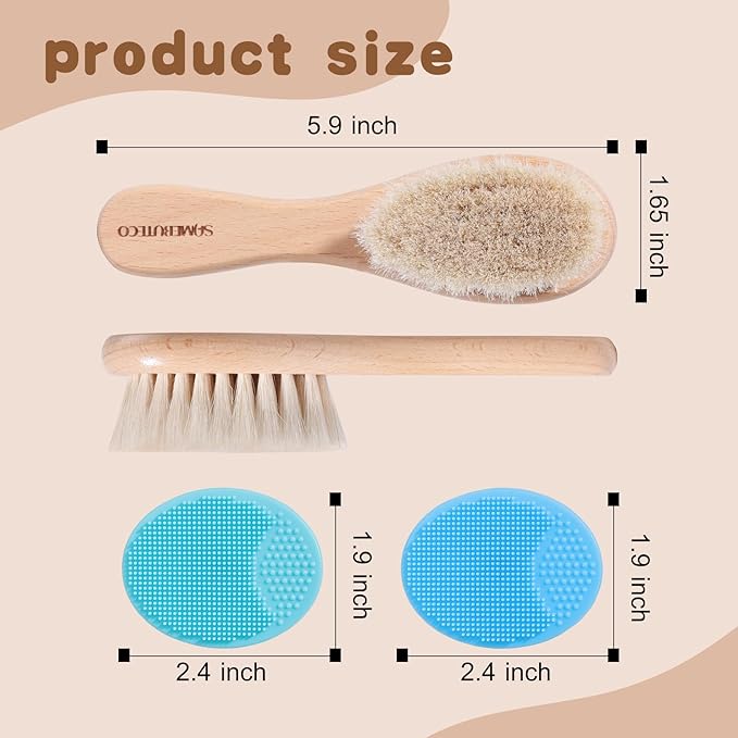 Baby Hair Brush Set,3 in1 Kit,1 Pack Goat Hair Bristles Brush 2 Pieces Silicone Cradle Cap Brushes Wood Handle Newborn Brush for Newborns and Toddlers