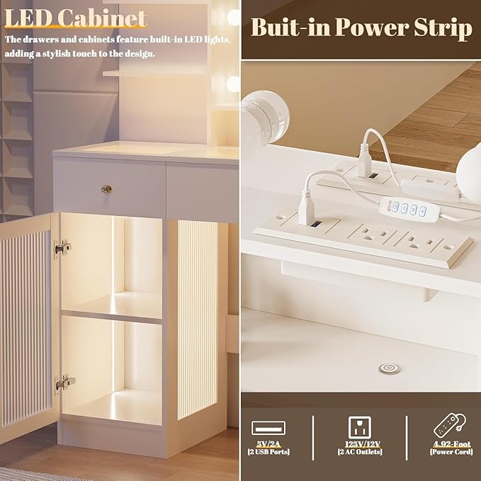 Makeup Vanity Desk with Mirror and Lights, Modern Glass Top Makeup Desk Set with Power Outlet, Drawers and Cabinet, 3 Lighting Color Adjustable Dressing Table for Bedroom