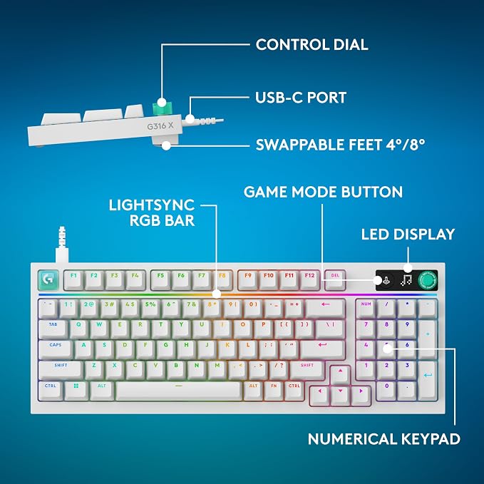 Logitech G316 X 98 Mechanical Gaming Keyboard (Linear) - White | Hot-Swappable Linear Mechanical Switches, Gasket Design, PBT Keycaps, <8Khz, LIGHTSYNC RGB, Dot-Matxix LED Display, USB-C