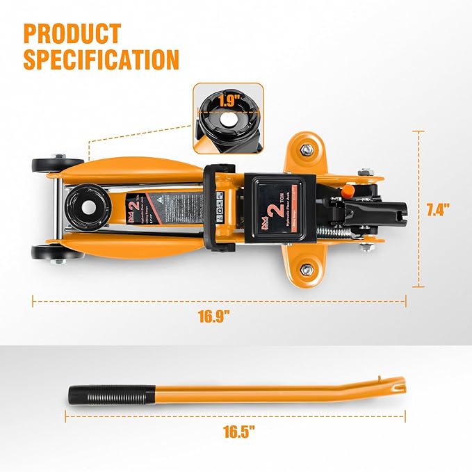 PM PERFORMOTOR Low Profile Hydraulic Trolley Service/Floor Jack, 2 Ton (4000 lbs) Capacity, Lifting Range 5.1"-13",Orange,PM-TOL-FJ20-OG