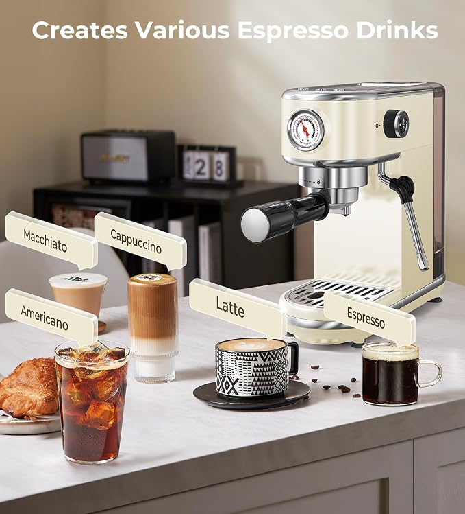 atatix 20 Bar Espresso Machine with Milk Frother, Compact Espresso Maker | Stainless Steel Coffee Machine with Precise Temp Control & 44oz Removable Water Tank for Latte, Cappuccino, Creamy White