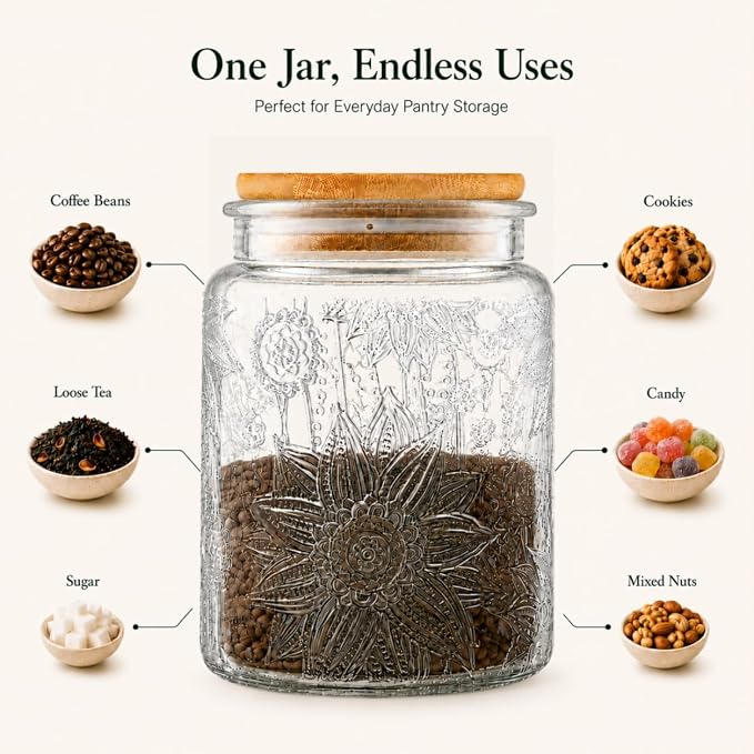 Vintage Glass Jar with Lid, 23.7oz Coffee Canister | Airtight Glass Food Storage Container, Kitchen Canister for Coffee, Tea, Sugar, Candy, Cookie, Decorative Jar, Cute Jar