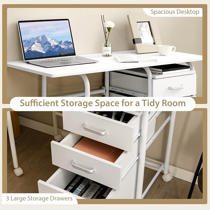 Folding Computer Desk with 6 Wheels, 41.5" Modern Steel Collapsible Home Office Desk with 3 Storage Drawers, Portable Writing Laptop Desk for Bedroom, Study, Small Space, Home Office, White
