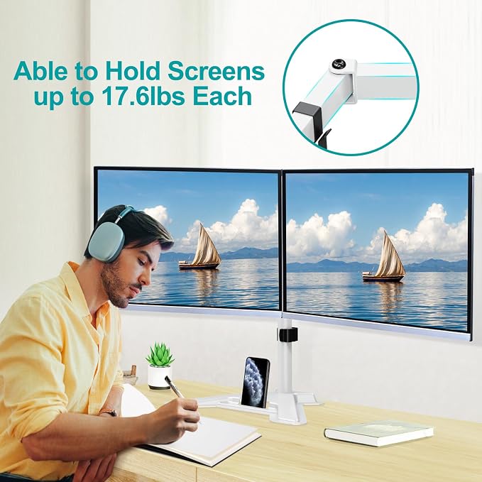 MOUNT PRO Dual Monitor Stand, Free-Standing Full Motion Monitor Desk Mount Fits 2 Screens up to 27 inches,17.6lbs with Height Adjustable, Swivel, Tilt, Rotation, VESA 75x75 100x100,White