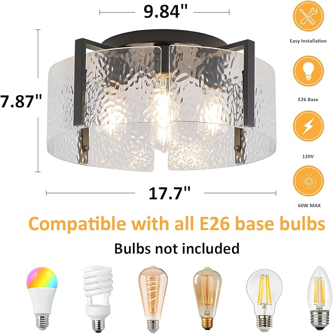 Black Flush Mount Ceiling Light Fixture, 4-Light Modern Entryway Light Fixture Ceiling Mount, Close to Ceiling Light Fixtures, Kitchen Lighting Fixtures Ceiling Lights for Bedroom Bathroom Hallway
