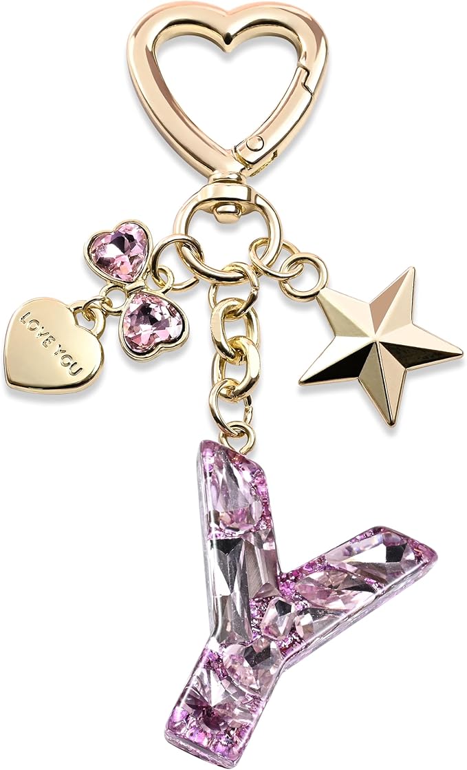 Cute Bling Keychain initial Letter Butterfly Star Pink Purple Gift for Women Girls Bag Cup Charms Accessories