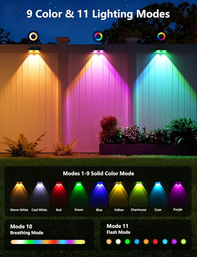 Solar Fence Lights 8 Pack 9 Colors & 11 Lighting Modes Solar Wall Lights Outdoor Waterproof IP65 RGB Color Changing Fence Lights Solar Powered for Garden Yard Patio Deck Step Patio Wall