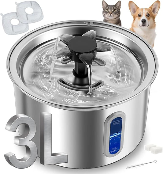 3L/101oz Stainless Steel Cat Water Fountain for Indoor Use - Ultra Quiet Automatic Cat Fountain for Drinking, BPA-Free Pet Water Dispenser for Cats/Small Dogs LED Window (2 Filters & 2 Sponges, Large)