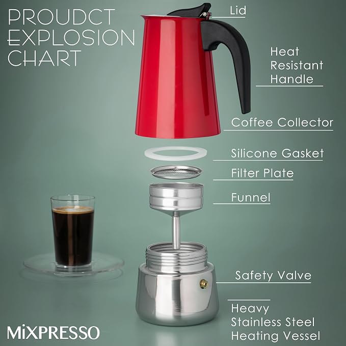 Mixpresso 6 Cup Greca Moka Pot Red Stainless Steel Stovetop Espresso Maker | 300ml/10oz Italian stovetop coffee maker with classic percolator design, ideal for preparing coffee at home or while camping